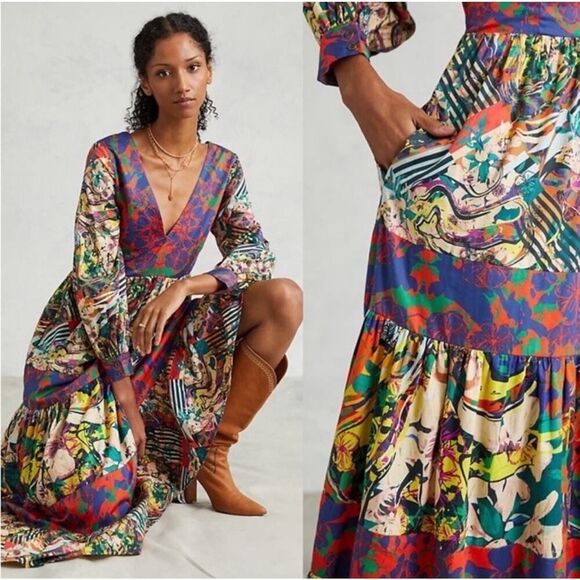 Anthropologie Roopa Pemmaraju Maxi Dress Medium Boho Floral Patchwork V neck - Picture 2 of 13